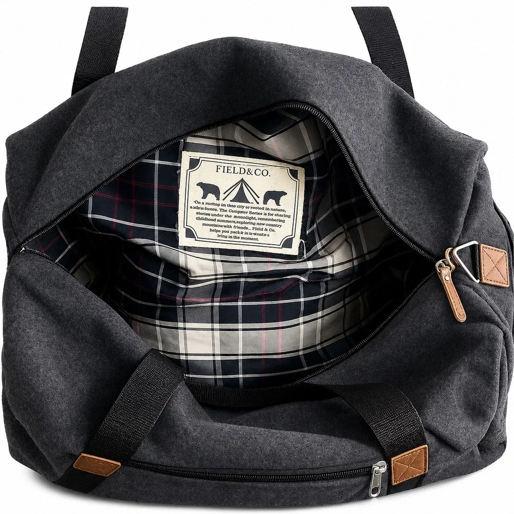 F&CO Charcoal Gray Wool Felt Duffel Bag Tan Leather Trim Weekend Travel Carry On